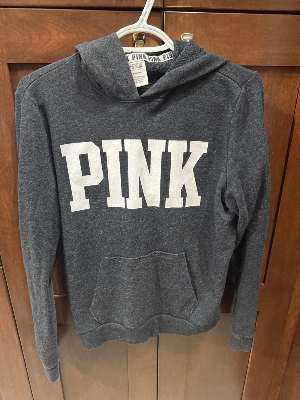 PINK Victoria's Secret Charcoal Gray Hooded Sweatshirt with White Logo